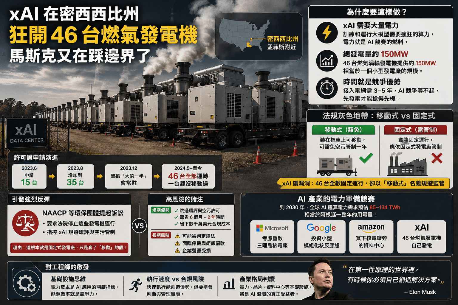 馬斯克又闖禍了 — xAI 違規運行 50 台發電機背後的瘋狂邏輯